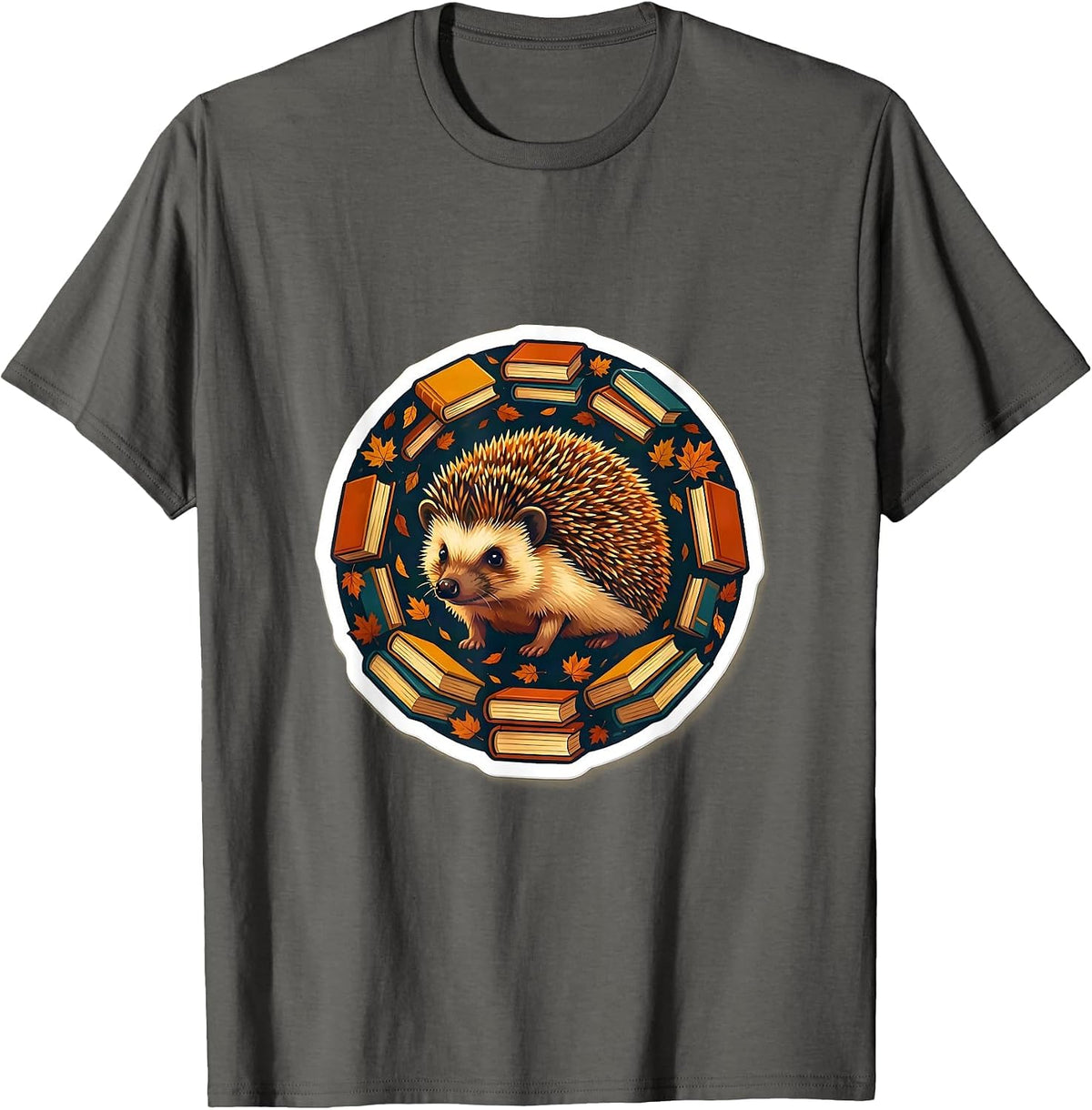 Men's Fall Teacher Hedgehog with Stacked Books Design T-Shirt - Asphalt Grey