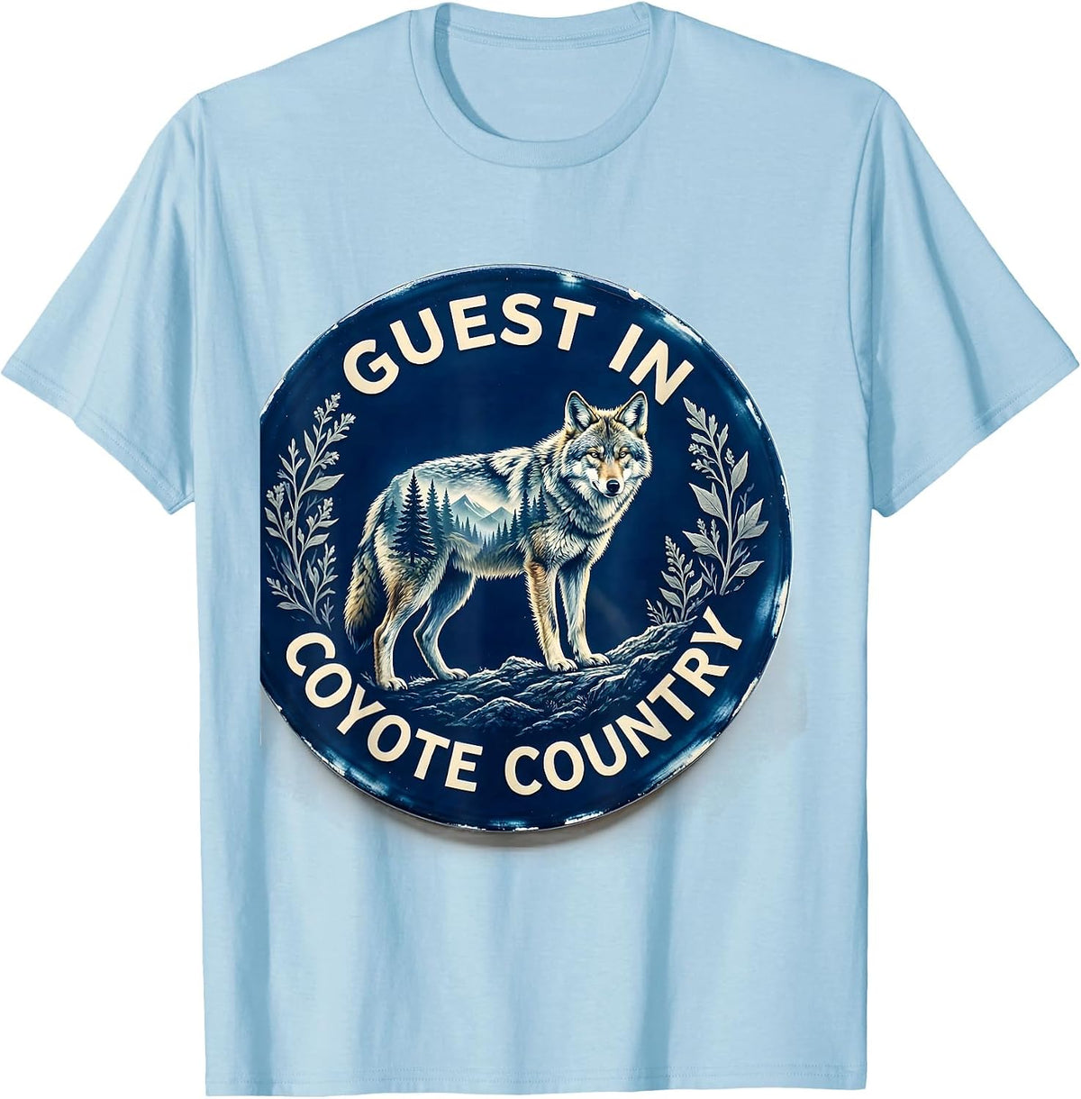 Men's Guest In Coyote Country Cyanotype Wildlife Forest Hiker T-Shirt - Baby Blue