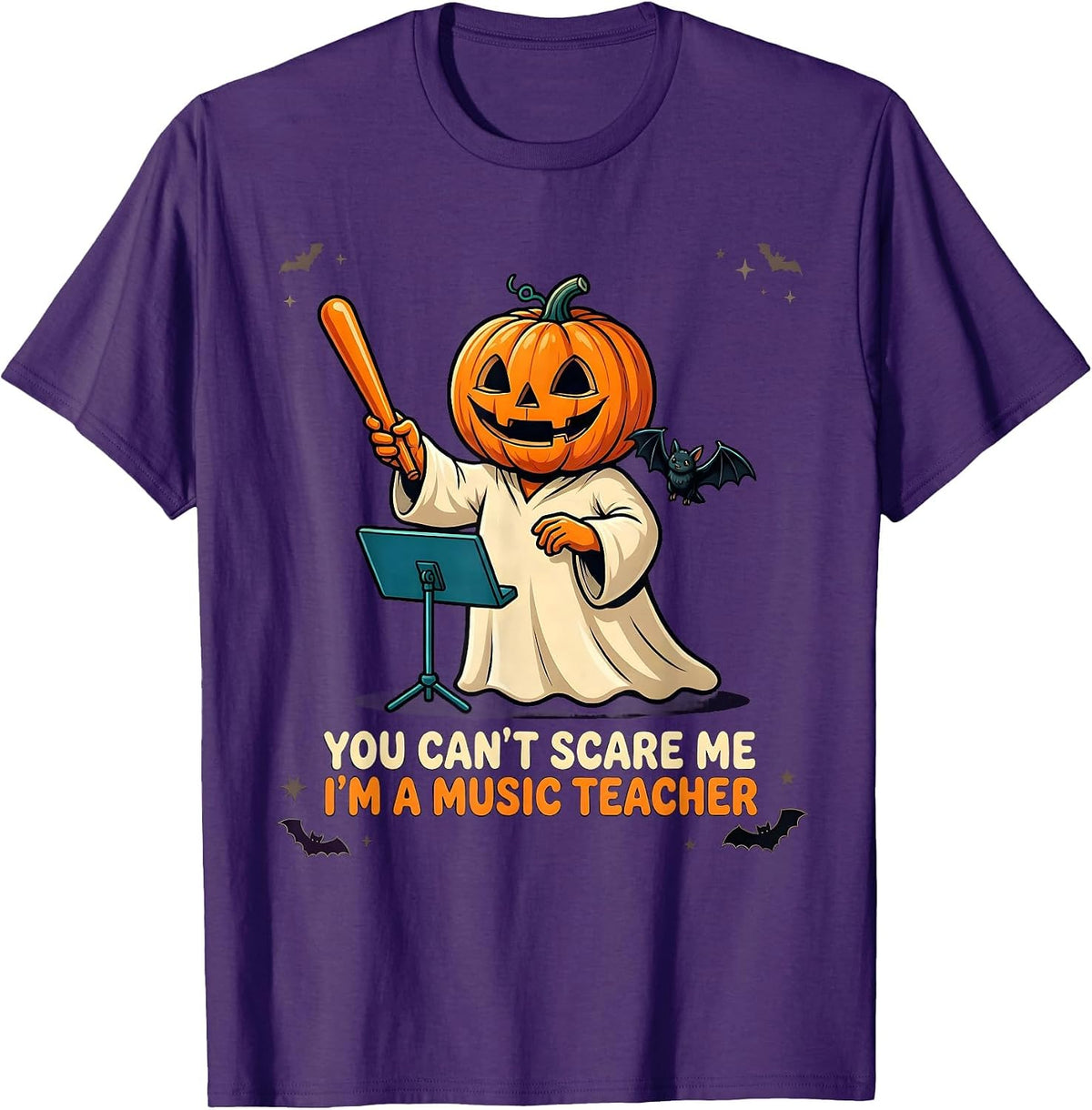 You Can't Scare Me I'm a Music Teacher Cartoon Halloween T-Shirt - Purple