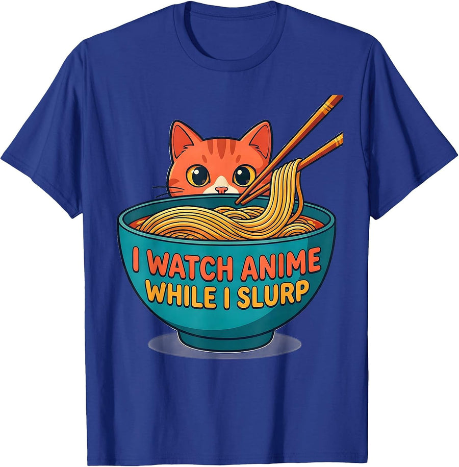 I Watch Anime While I Slurp Funny Kawaii Cat Ramen Gift T-Shirt - Royal Blue