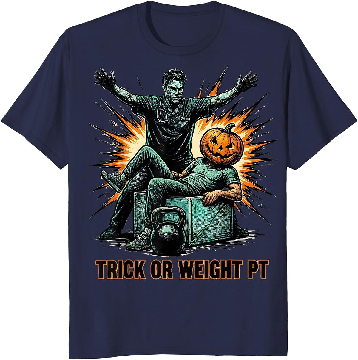 Men's Trick Or Weight PT Comic Ghost Physical Therapy Halloween T-Shirt - Navy Blue