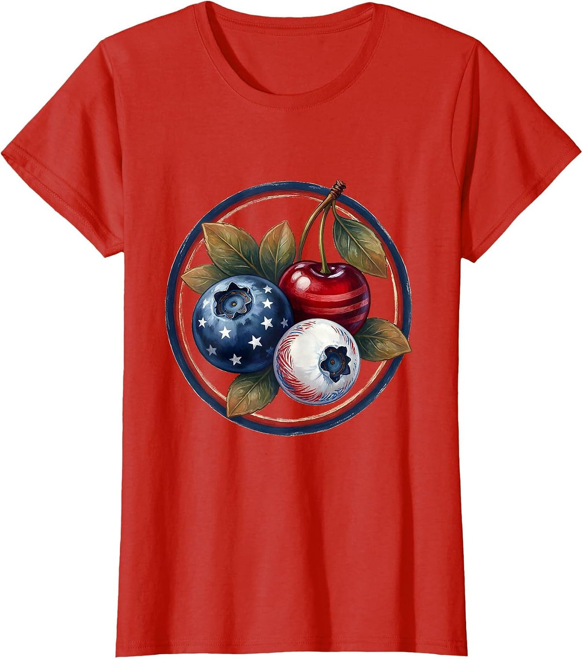 Red White and Blueberries Patriotic Fruit Art T-Shirt - Red