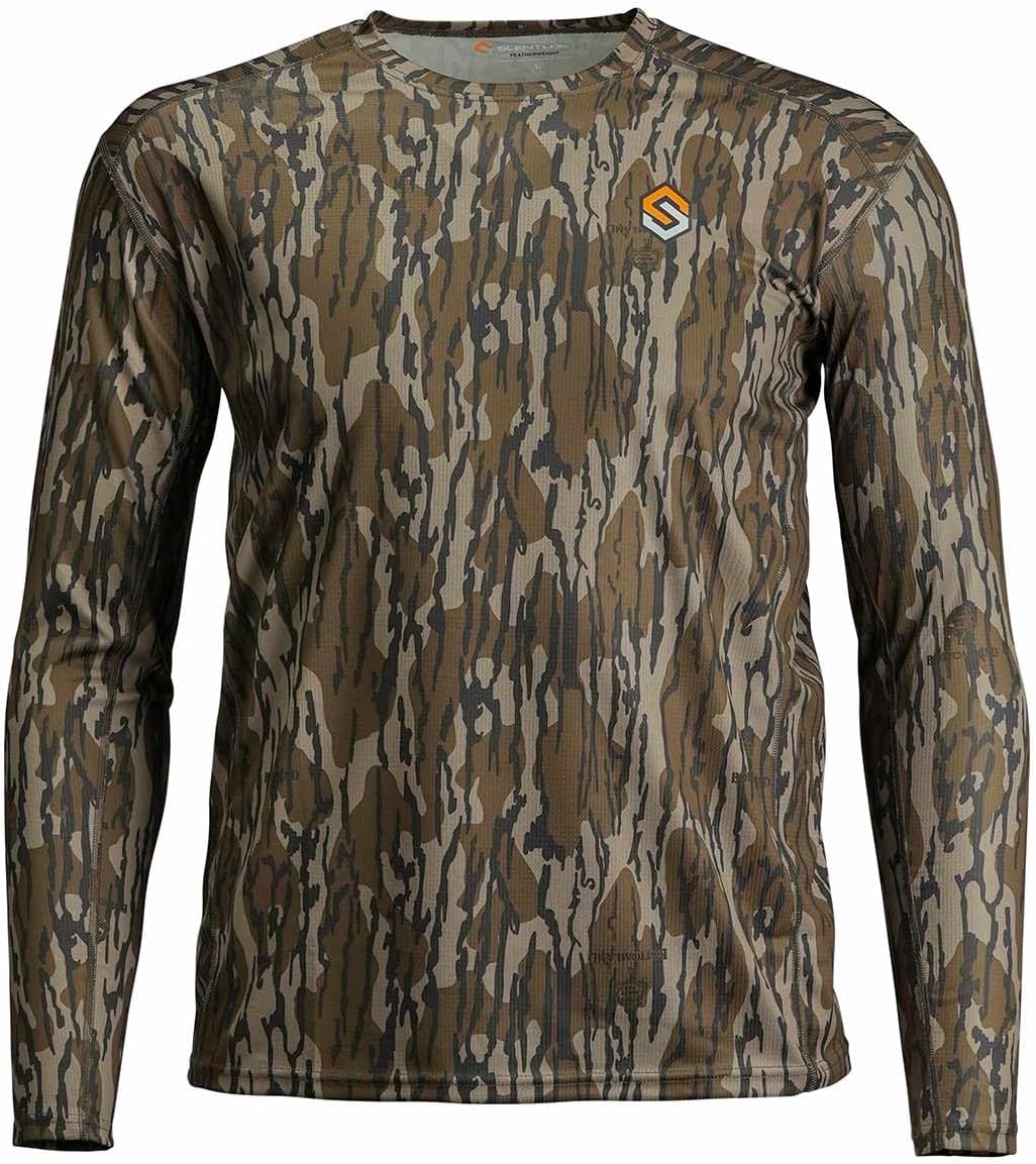 ScentLok Featherweight Long Sleeve Lightweight Camo Hunting Crew Shirt for Men - Mossy Oak Bottomland Original