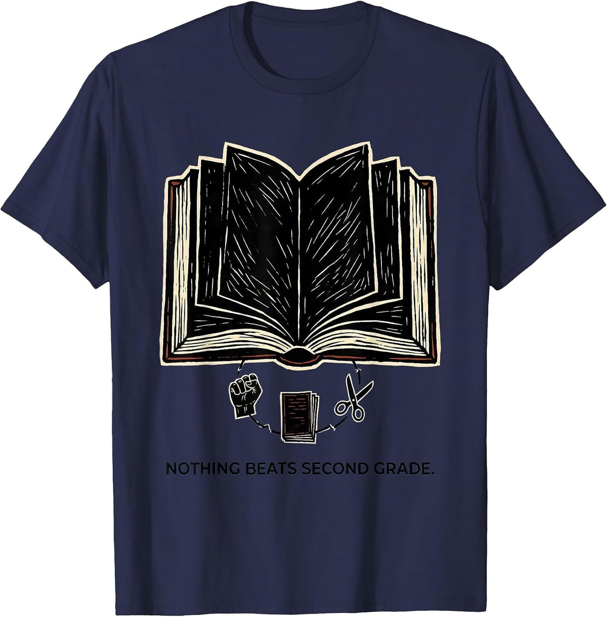Nothing Beats Second Grade Linocut Back to School Rock Paper T-Shirt - Navy Blue