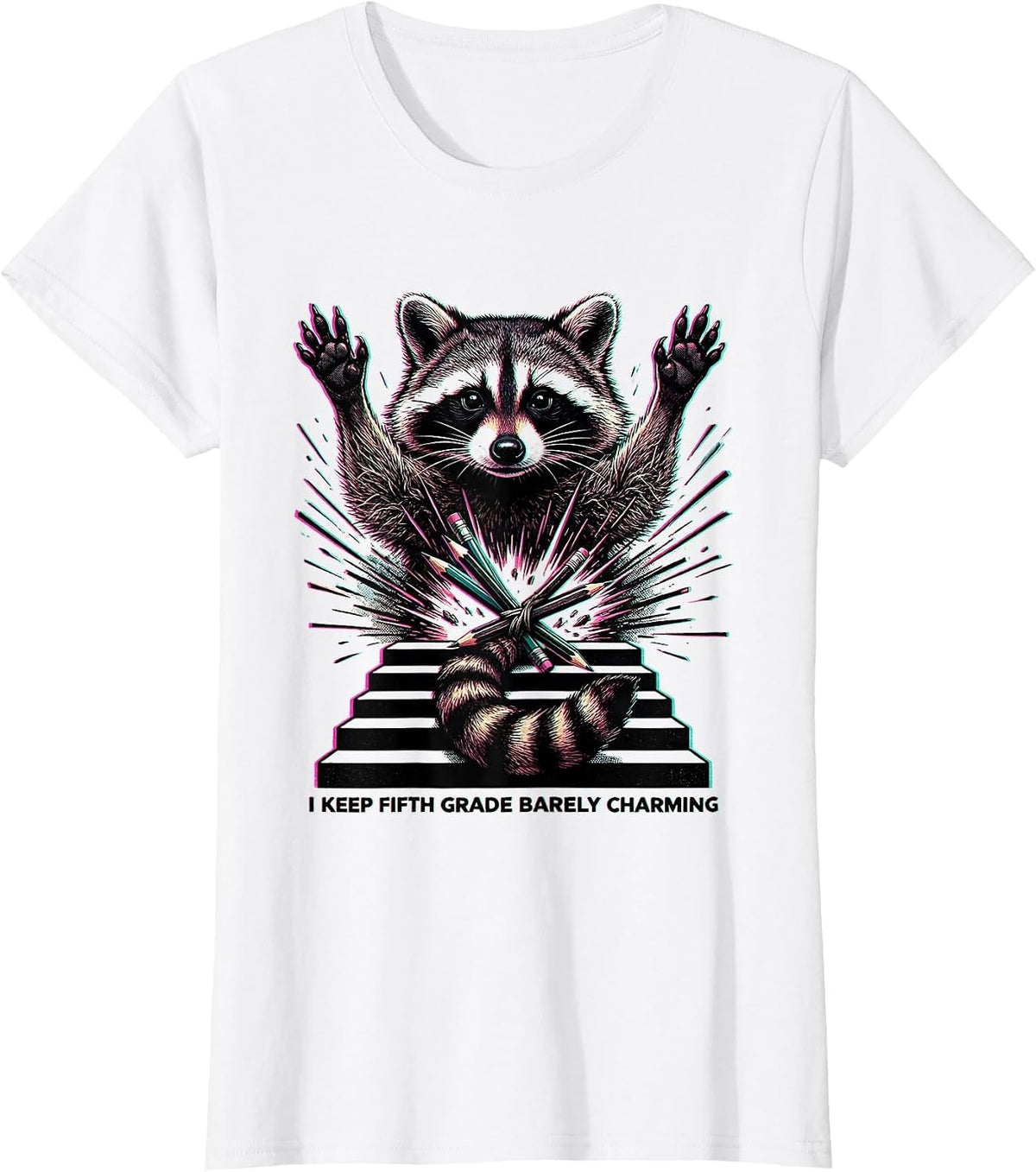 Women's I Keep Fifth Grade Barely Charming Funny Teacher Raccoon T-Shirt - White