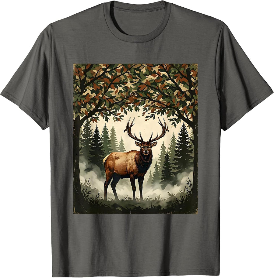 Elk in Misty Camo Woodland Illustration T-Shirt - Asphalt Grey
