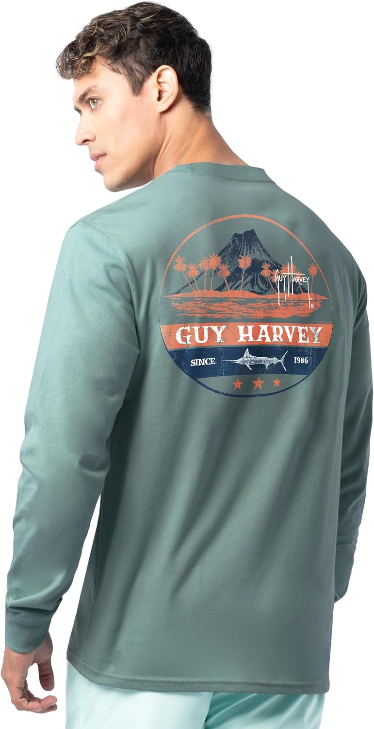 Guy Harvey Men’s Long Sleeve Lightweight Cotton Fishing Graphic T-Shirt - Blue Surf\/Volcano