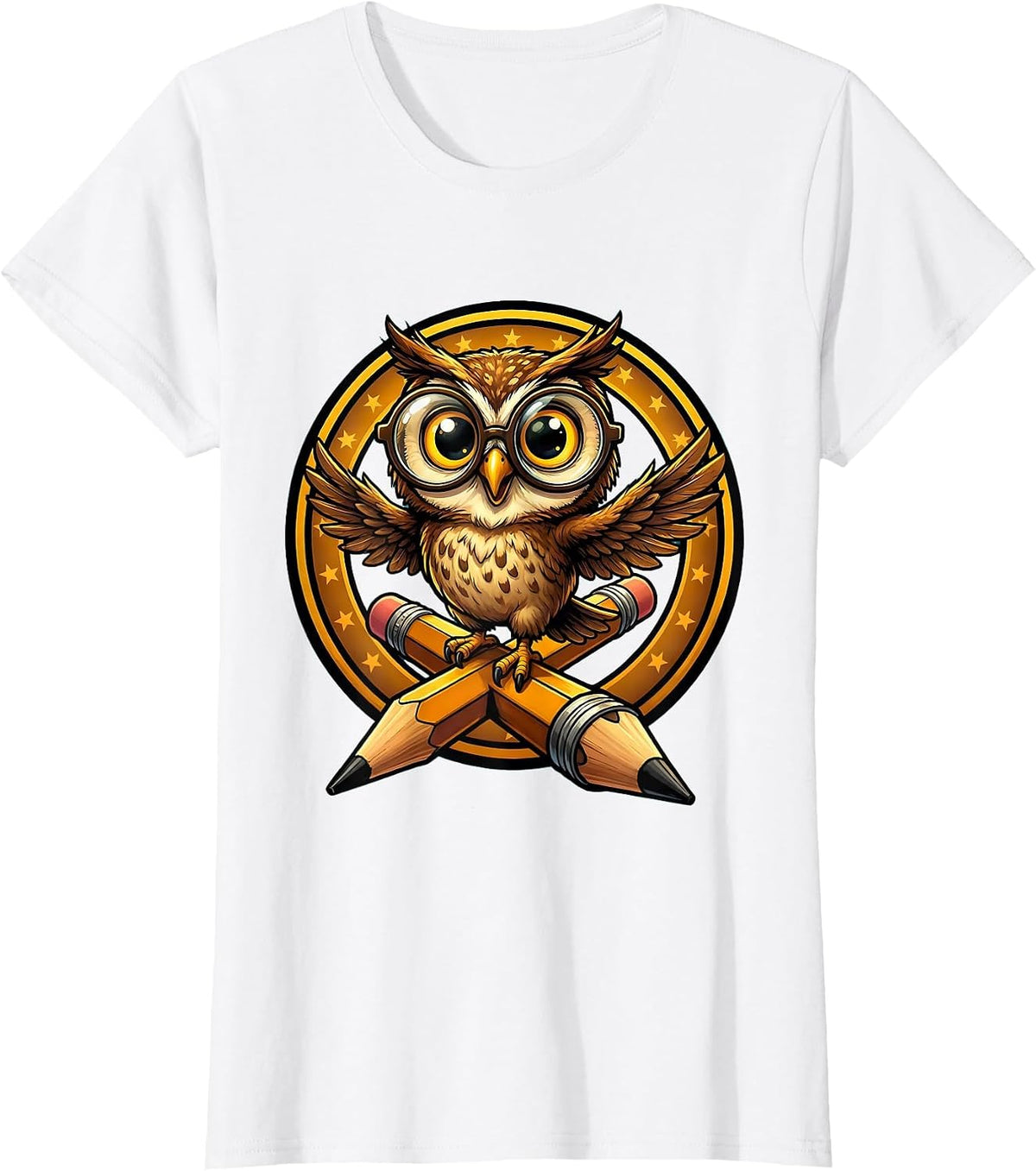 Women's Sped Teacher Owl on Pencil Glasses Graphic T-Shirt - White