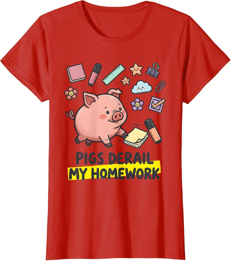 Women's Pigs Derail My Homework Funny Pig Lover Kawaii Stationery T-Shirt - Red