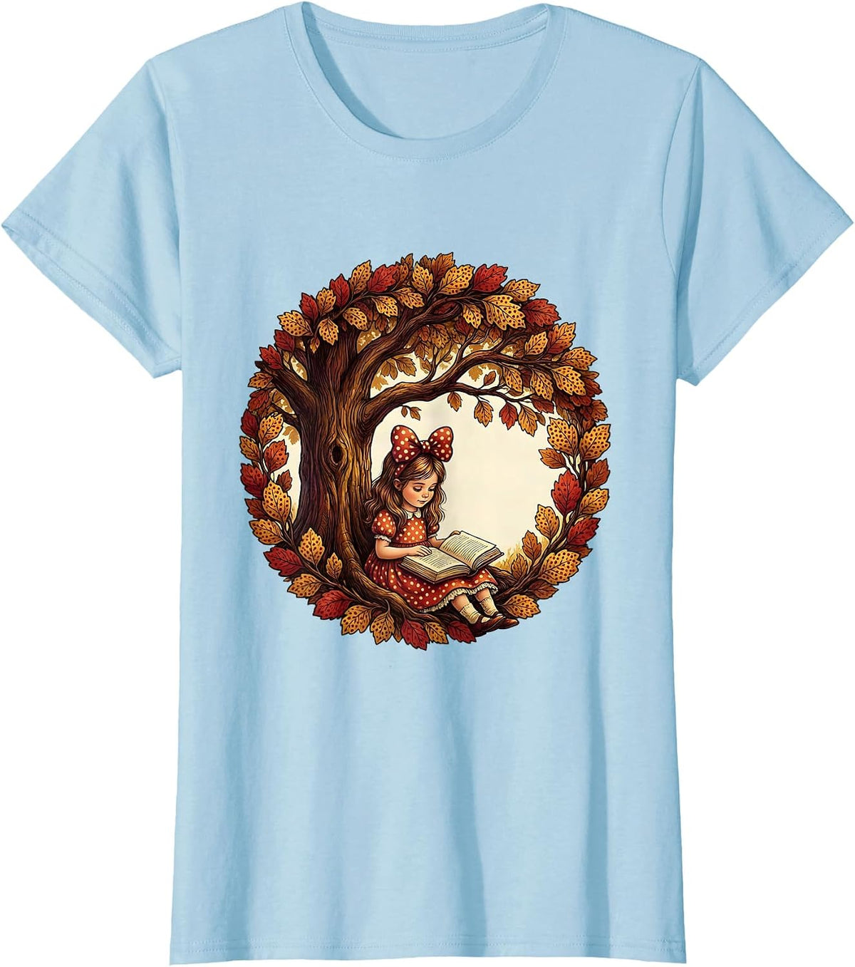Girls Polka Dot Bow Reading Under Tree T-Shirt - Baby Blue