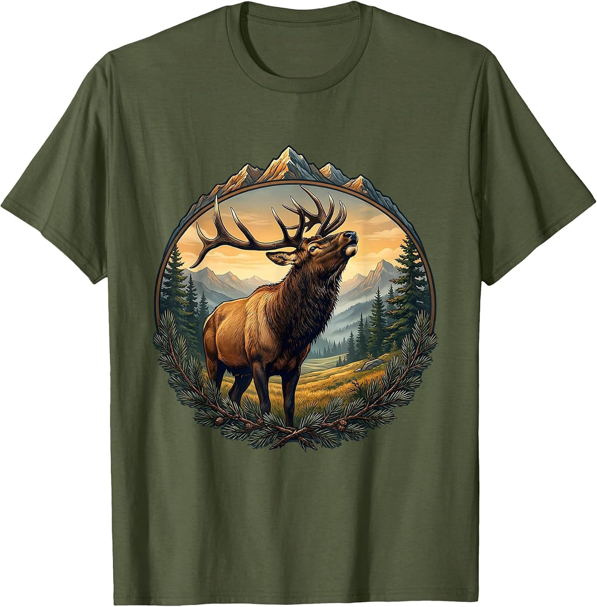 Rocky Mountain Elk Bugling Alpine Meadow Art T-Shirt - Olive Green