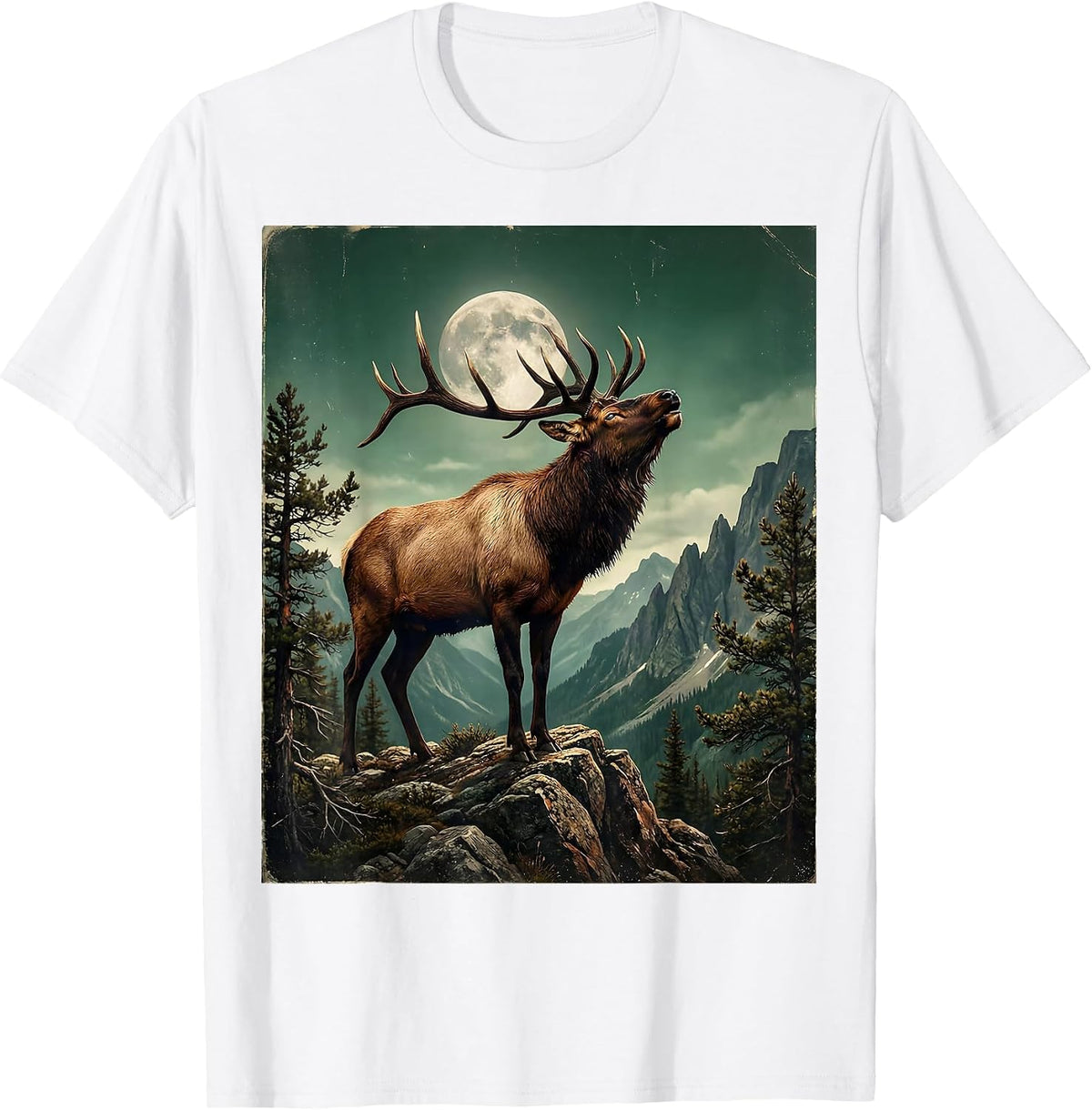 Men's Elk Bugling on Mountain Ridge Wildlife Design T-Shirt - White