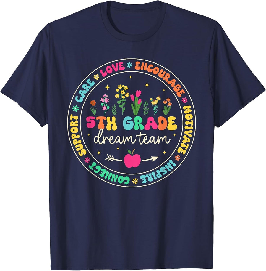 5th Grade Dream Team Back to School Teacher Care Love Floral T-Shirt - Navy Blue