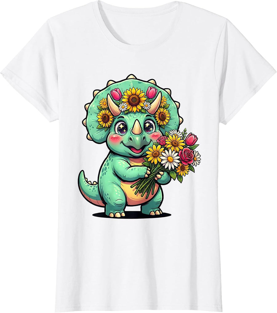 Women's Triceratops Flower Bouquet Dinosaur Graphic T-Shirt - White