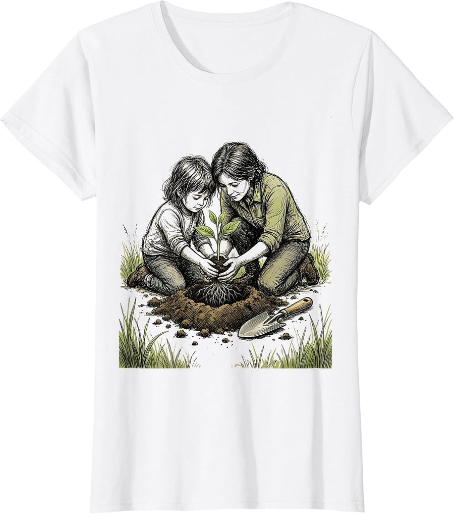 Women's Preschool Teacher Planting Seedling With Child T-Shirt - White