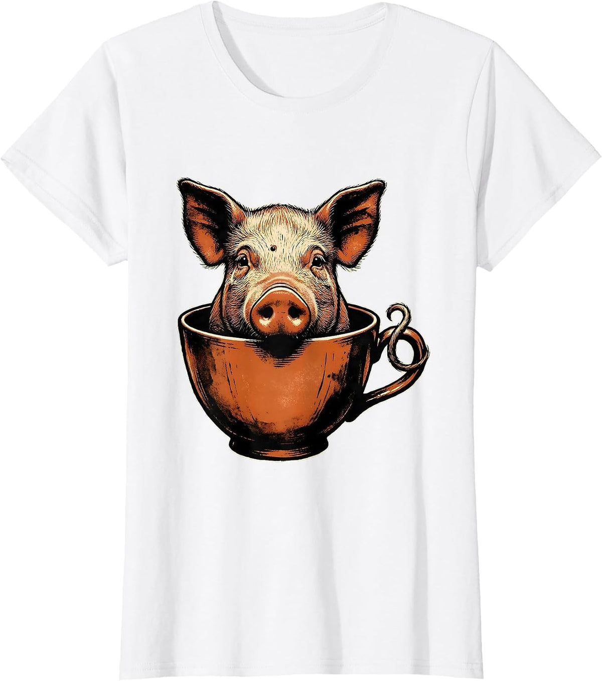 Pig In Teacup Rubber Stamp Funny Farm Animal Lover T-Shirt - White