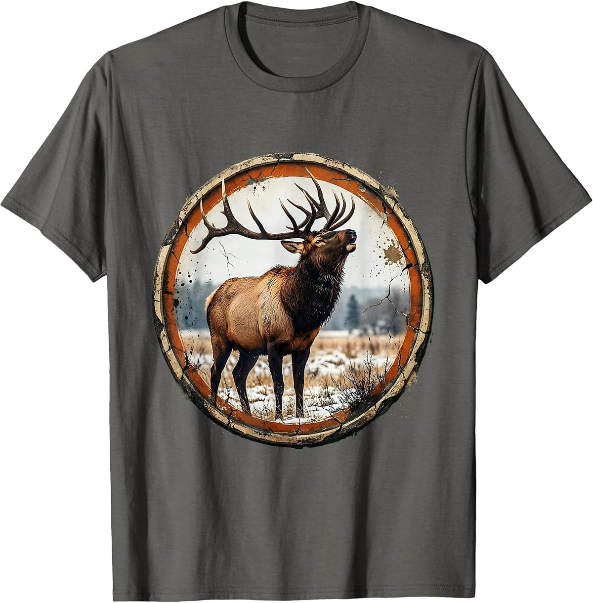 Men's Bull Elk Bugling in Snowy Meadow Illustration T-Shirt - Asphalt Grey