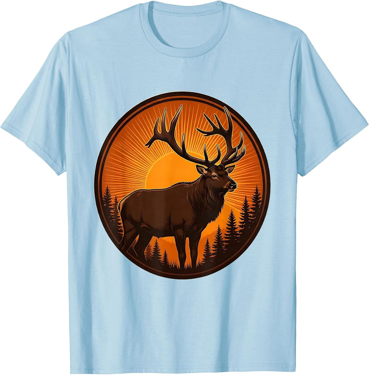 Men's Elk Silhouette Orange Sunset Fall Nature Design T-Shirt - Baby Blue