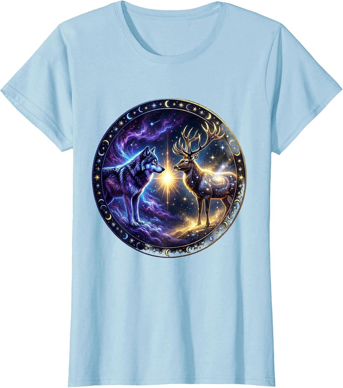 Wolf and Elk Standoff Wildlife Graphic T-Shirt - Baby Blue
