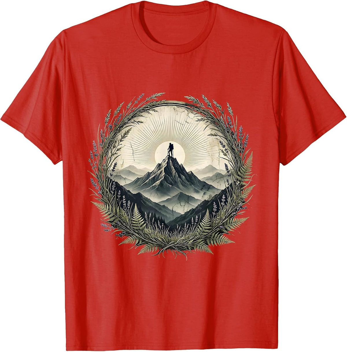 Men's Hiker Silhouette Misty Mountain Peak Adventure T-Shirt - Red