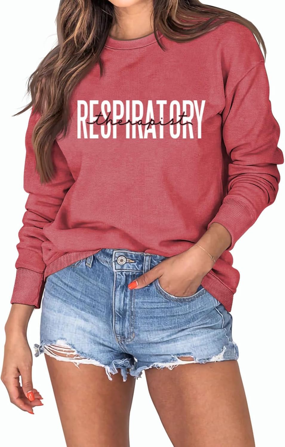 MEKOTSK Respiratory Therapist Sweatshirt Women Long Sleeve Crewneck Pullover Tops Respiratory Therapy Gift Nurse Shirts - Red