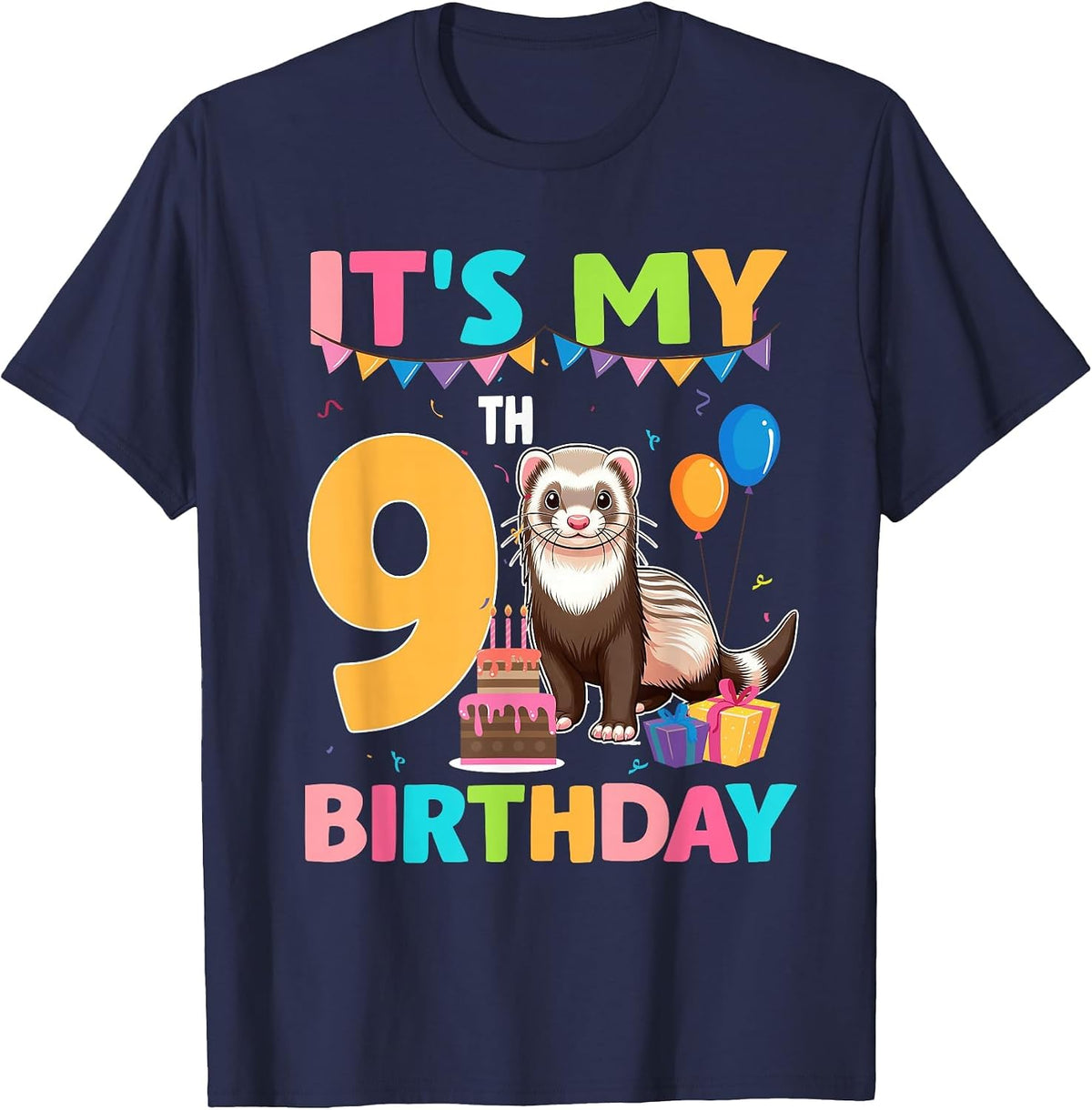 It's My 9th Birthday Ferret Lover 9 Year Old Bday Party T-Shirt - Navy Blue