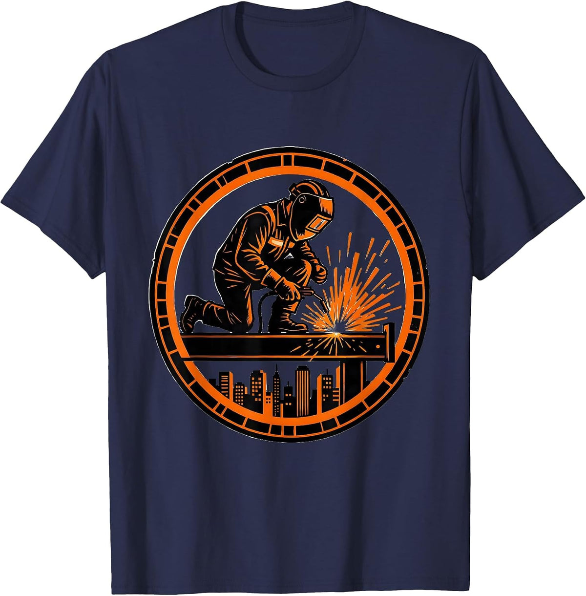 Welder on Iron Beam High Above the City T-Shirt - Navy Blue