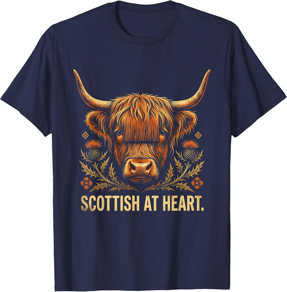 Scottish at Heart Highland Cow Design T-Shirt - Navy Blue