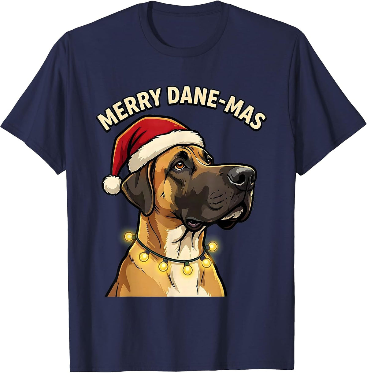 Men's Merry Dane-mas Cartoon Great Dane Christmas Dog Lover Humor T-Shirt - Navy Blue