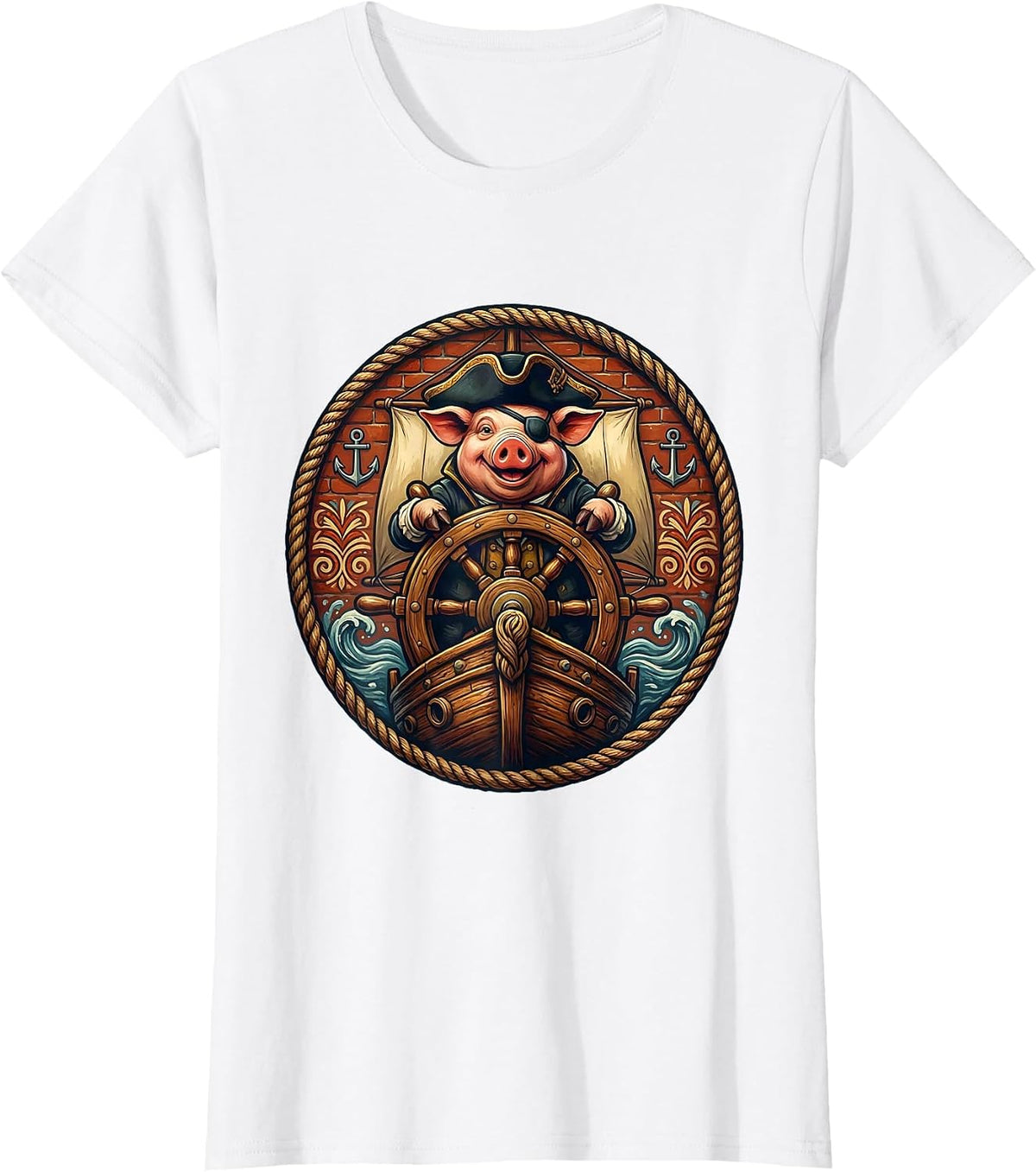 Pig Pirate Captain Steering Old Wooden Ship T-Shirt - White