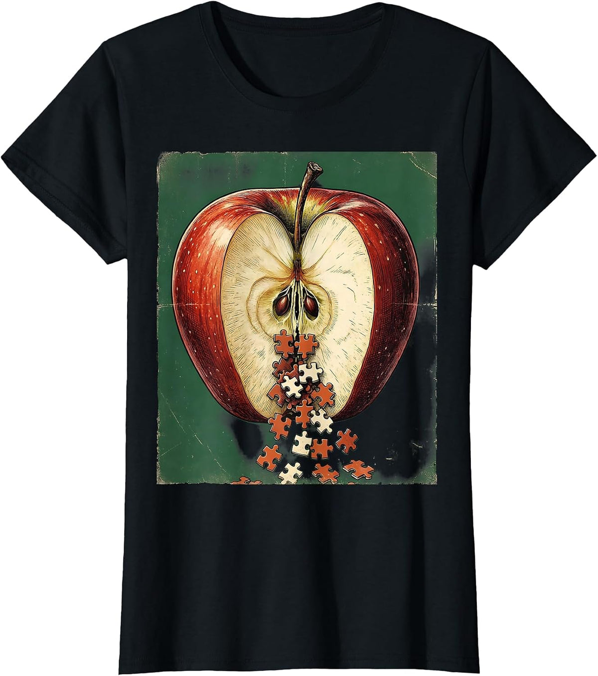 Women's Special Education Teacher Apple Puzzle Piece Graphic T-Shirt - Black