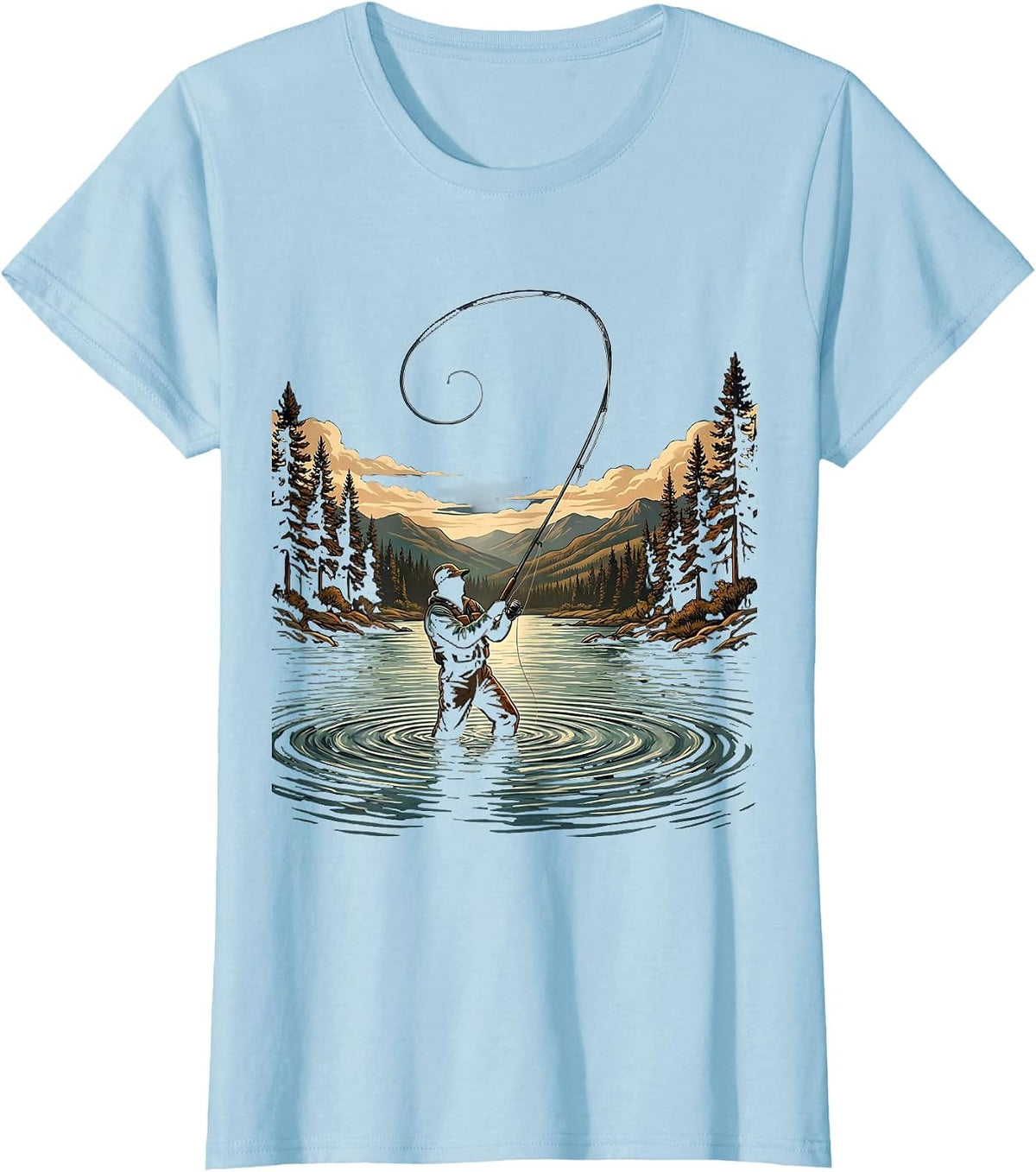 Fly Fisherman Casting Arc in River Graphic T-Shirt - Baby Blue