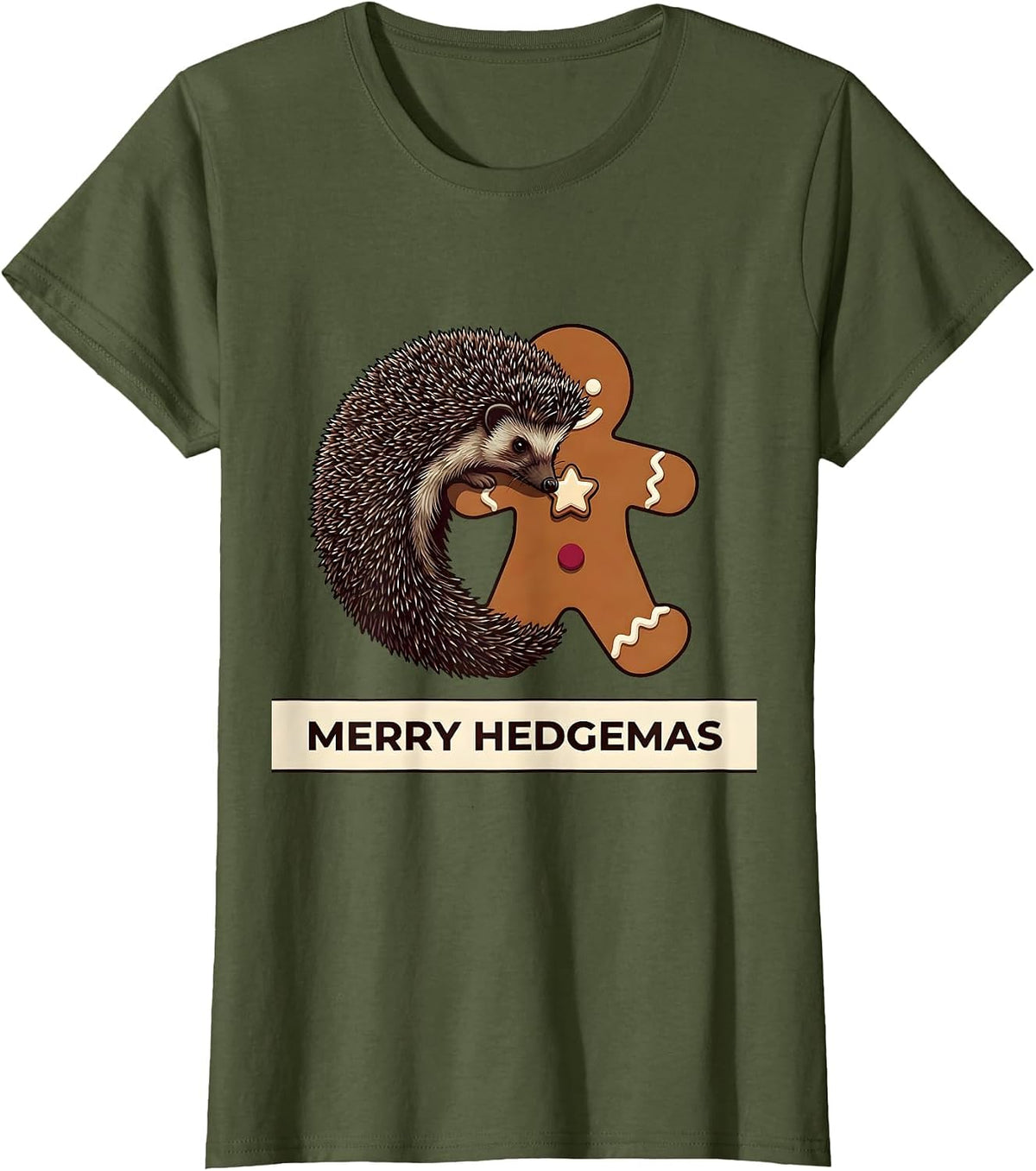 Women's Merry Hedgemas Cute Hedgehog Christmas Humor Novelty T-Shirt - Olive Green