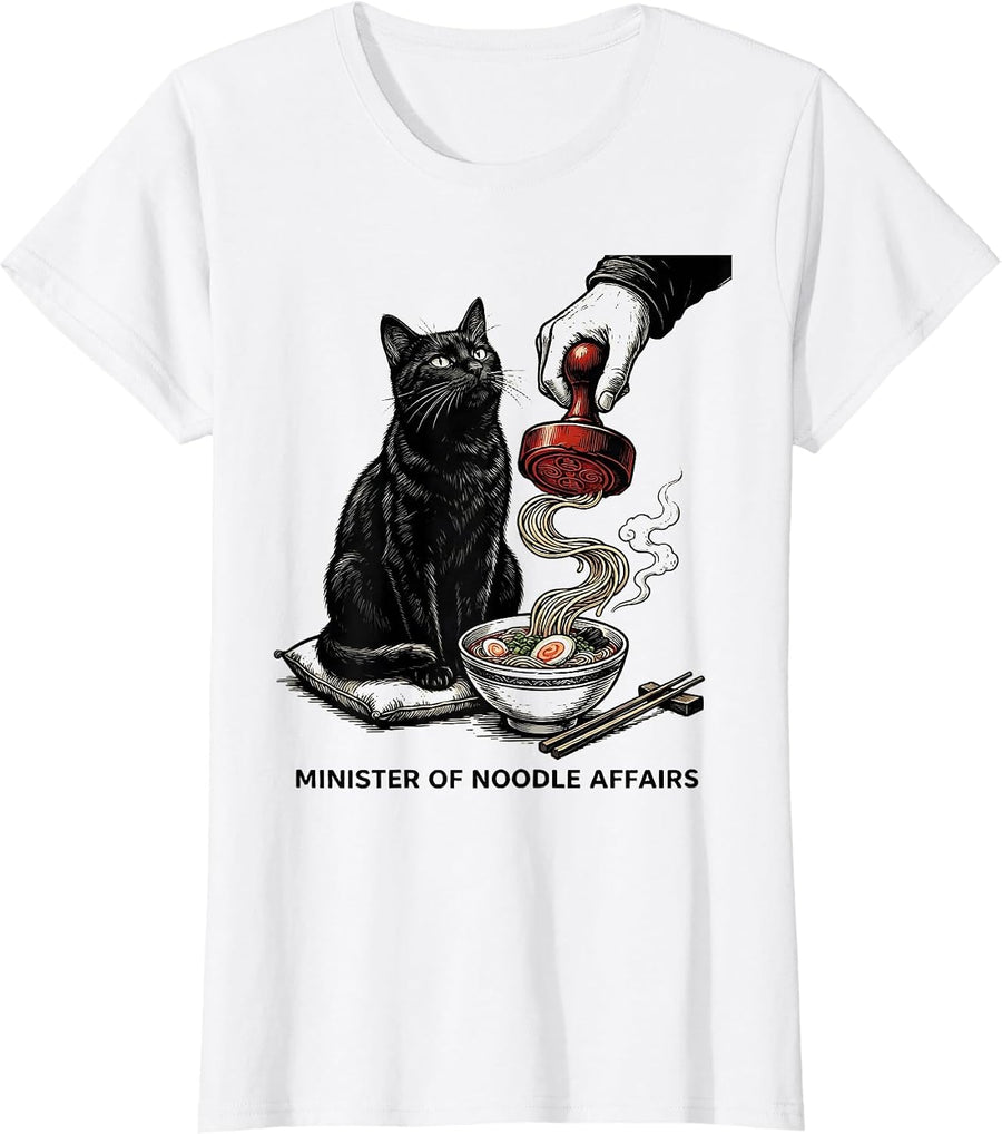 Women's Minister of Noodle Affairs Funny Cat Ramen Anime Kawaii T-Shirt - White