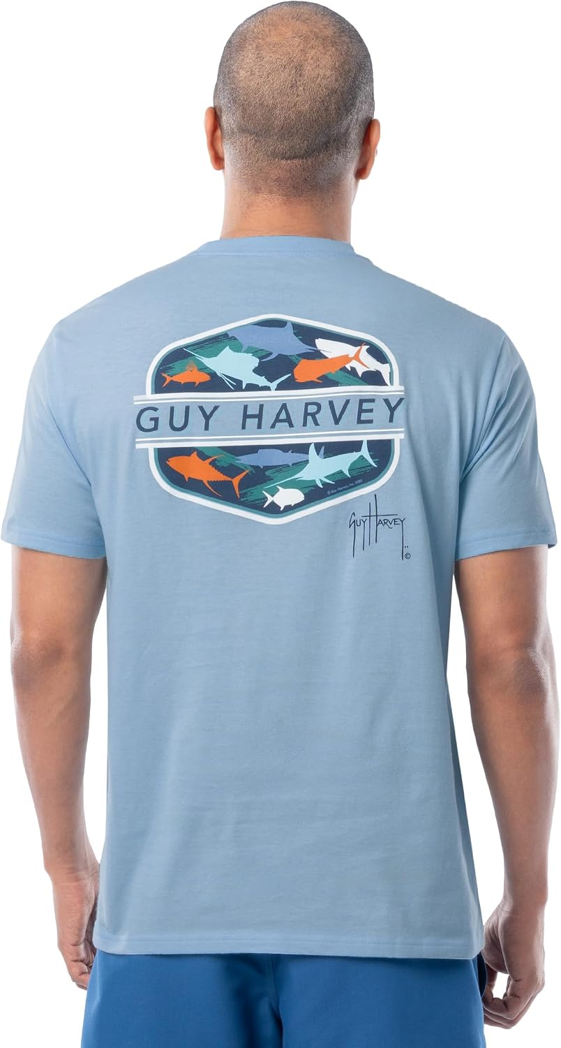Guy Harvey Men’s Short Sleeve Lightweight Cotton Fishing Graphic T-Shirt - Clear Sky\/Jam Packed