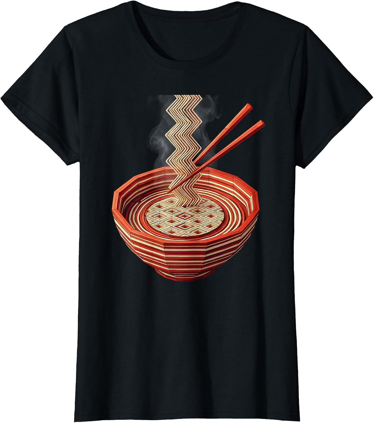Women's Japanese Ramen Bowl Chopsticks Steam Illustration T-Shirt - Black