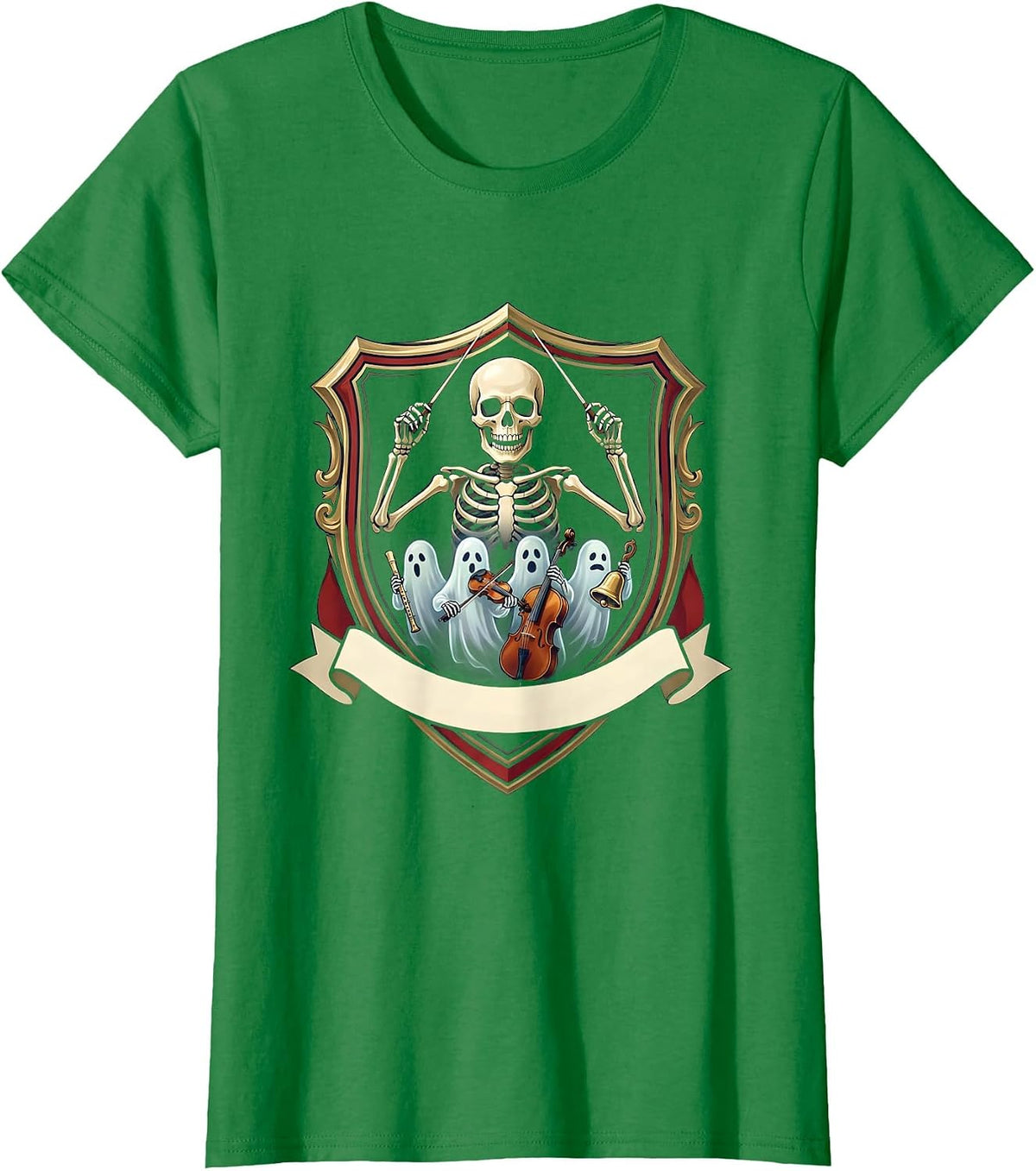 Halloween Ghost Music Teacher Band Emblem T-Shirt - Kelly Green