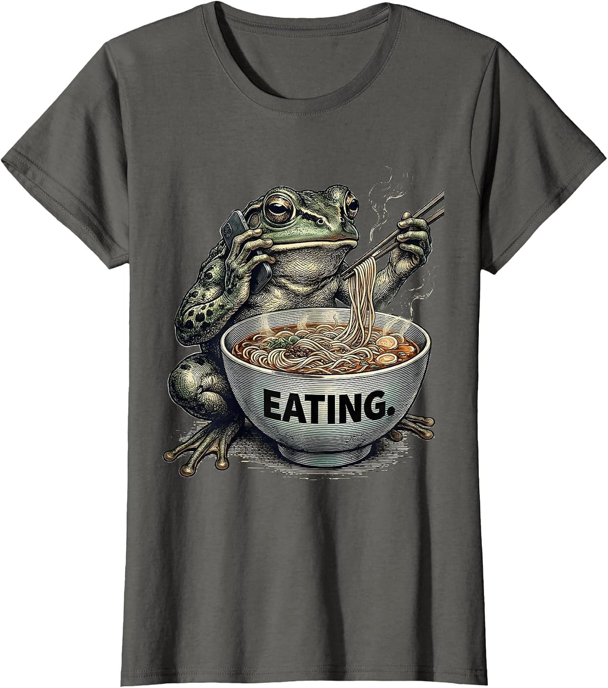 Women's Eating Grumpy Frog Eat Ramen and Scroll Phone Japanese Art T-Shirt - Asphalt Grey