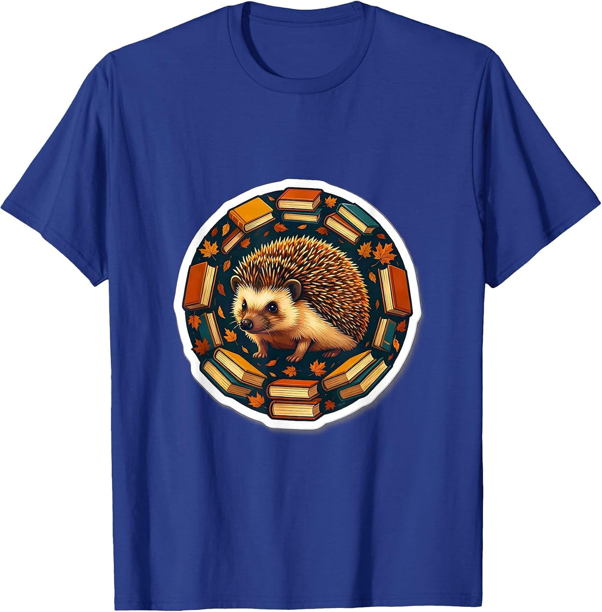 Men's Fall Teacher Hedgehog with Stacked Books Design T-Shirt - Royal Blue