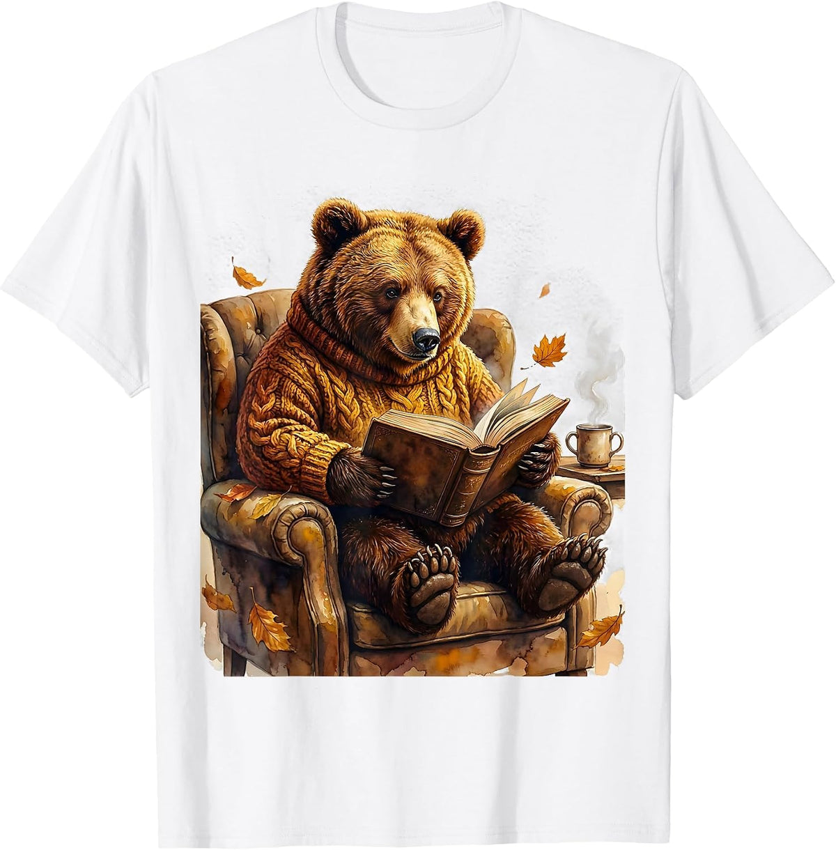 Men's Fall Teacher Bear Reading Book Illustration T-Shirt - White