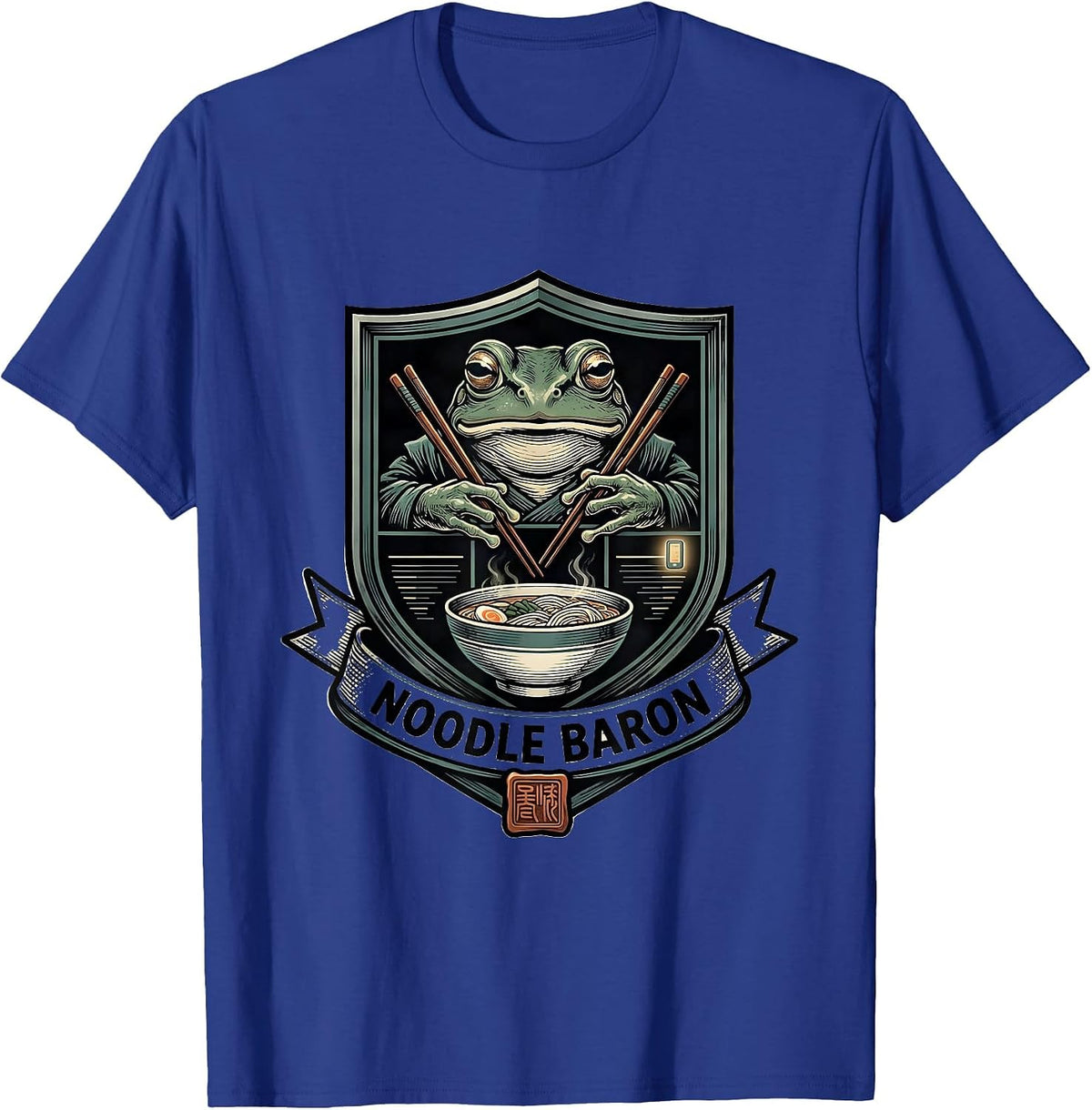 Noodle Baron Grumpy Frog Ramen Ukiyo-e Anime Humor T-Shirt - Royal Blue