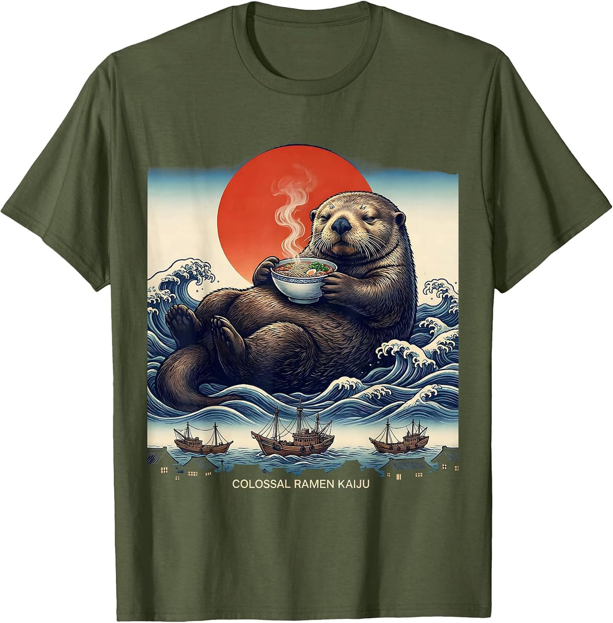 Men's Colossal Ramen Kaiju Ukiyo-e Japanese Pop Culture Streetwear T-Shirt - Olive Green