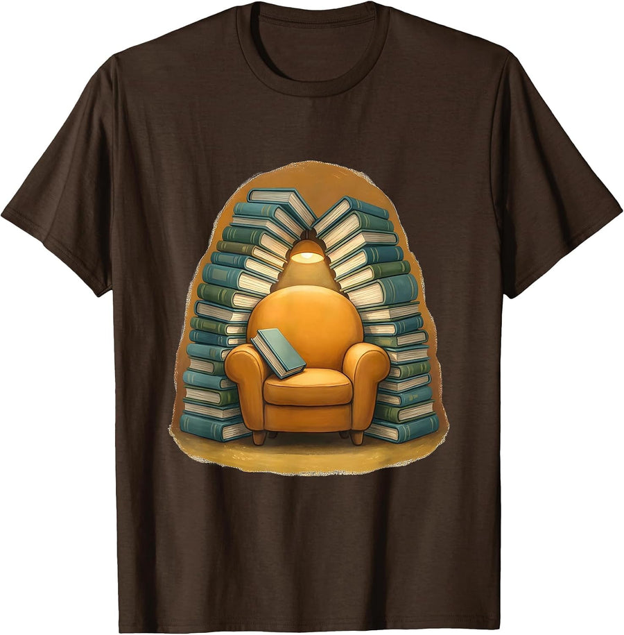 Men's Cozy Armchair Towering Book Piles Reading Art T-Shirt - Brown