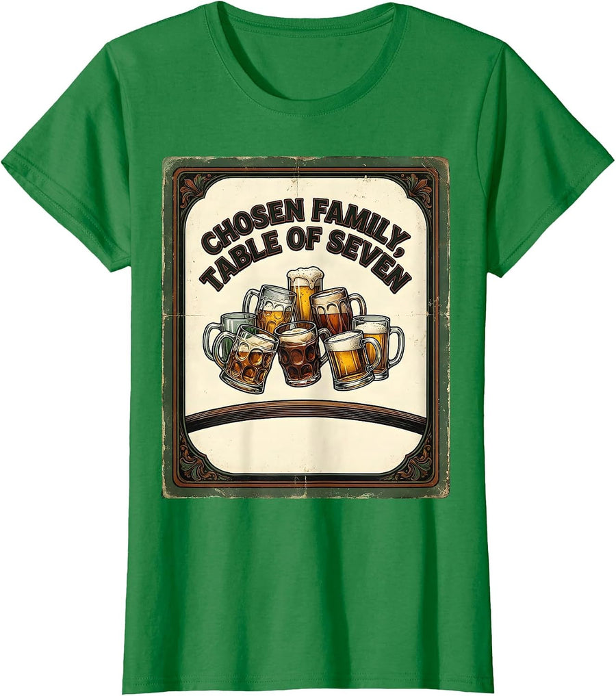 Women's Chosen Family Table Of Seven Vintage Friendsgiving Humor T-Shirt - Kelly Green