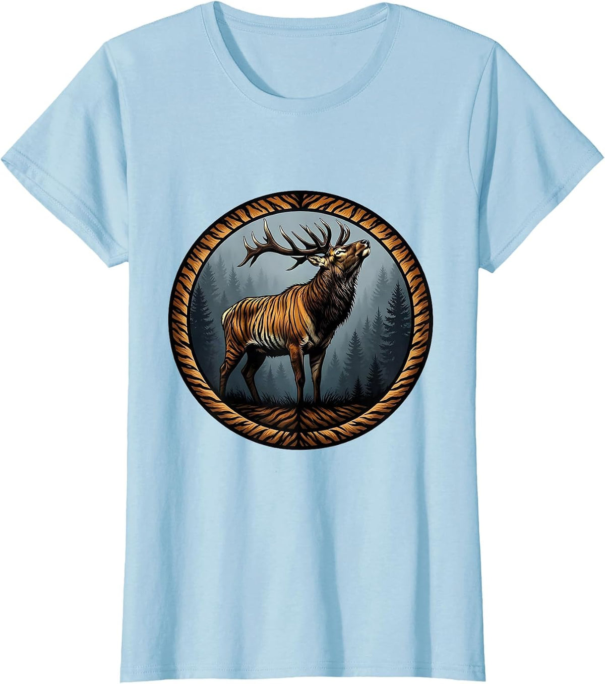 Elk Bugling at Dawn Camo Woodland Illustration T-Shirt - Baby Blue