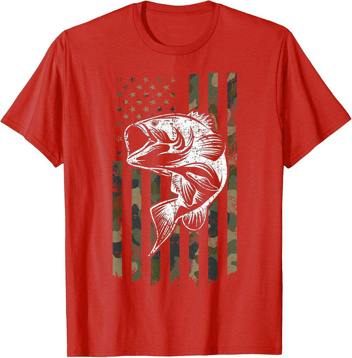 Large Mouth Bass Fishing Camo American Flag USA Fisherman T-Shirt - Red
