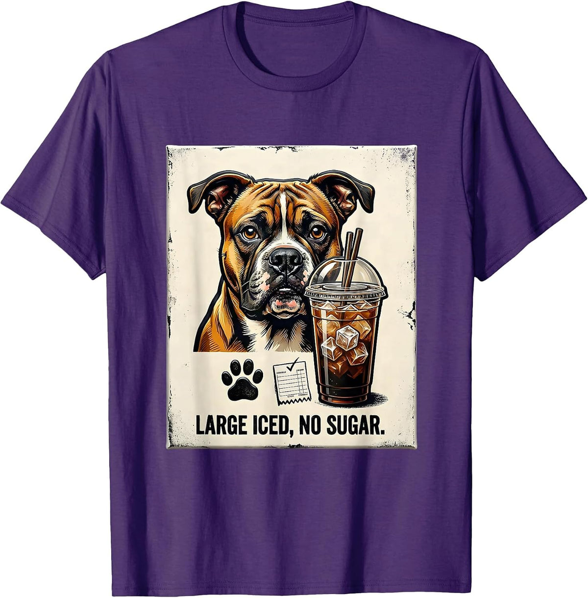 Men's Large Iced No Sugar Funny Pitbull Drinking Iced Coffee Meme T-Shirt - Purple