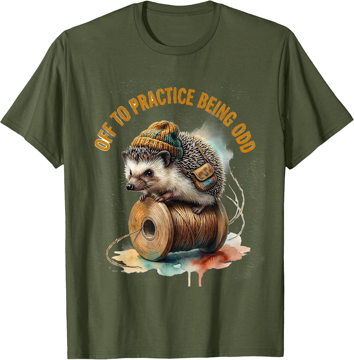 Men's Off To Practice Being Odd Whimsical Hedgehog Meme Humor T-Shirt - Olive Green
