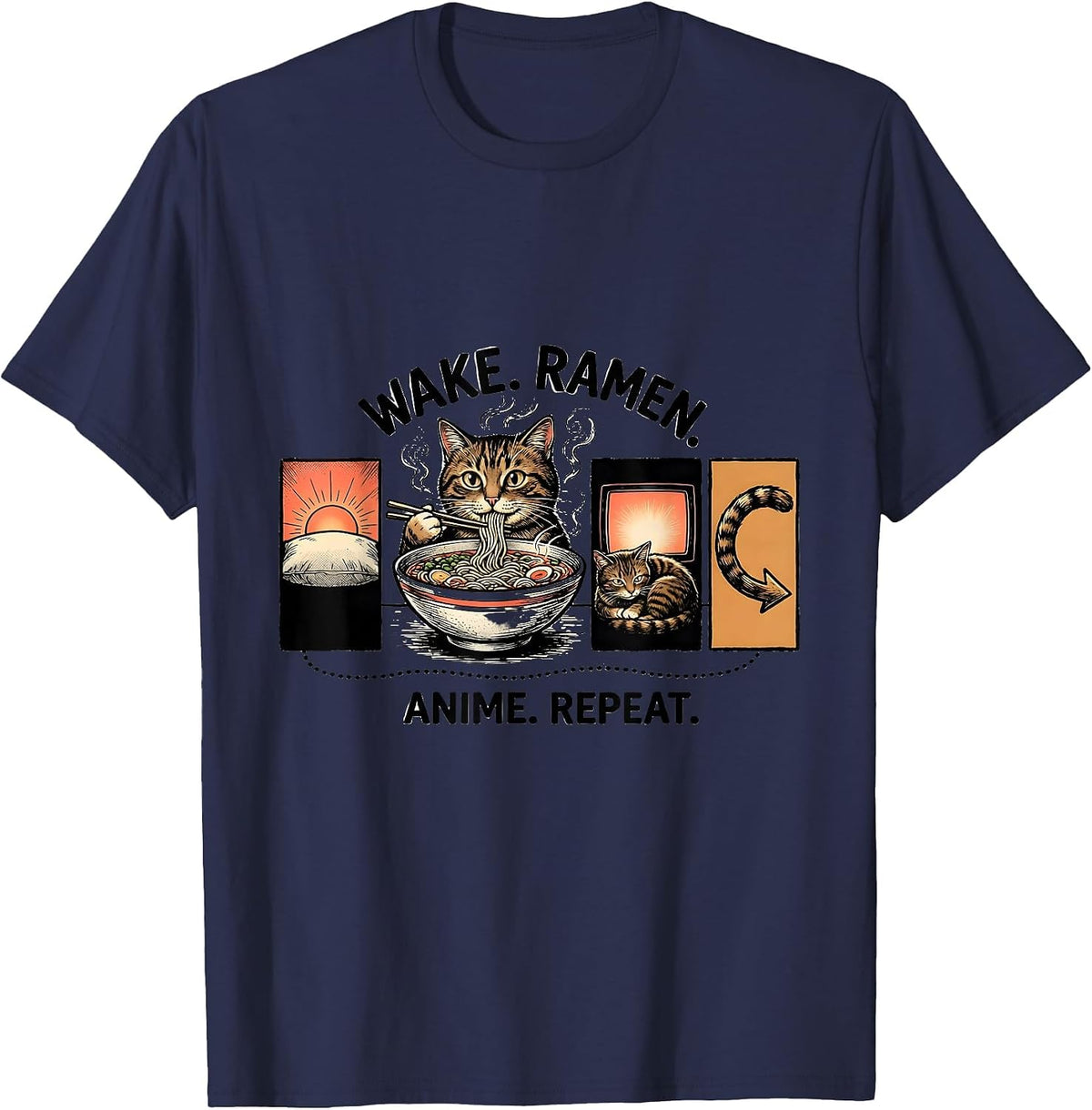 Wake. Ramen. Anime. Repeat. Funny Kawaii Cat Anime Gift T-Shirt - Navy Blue