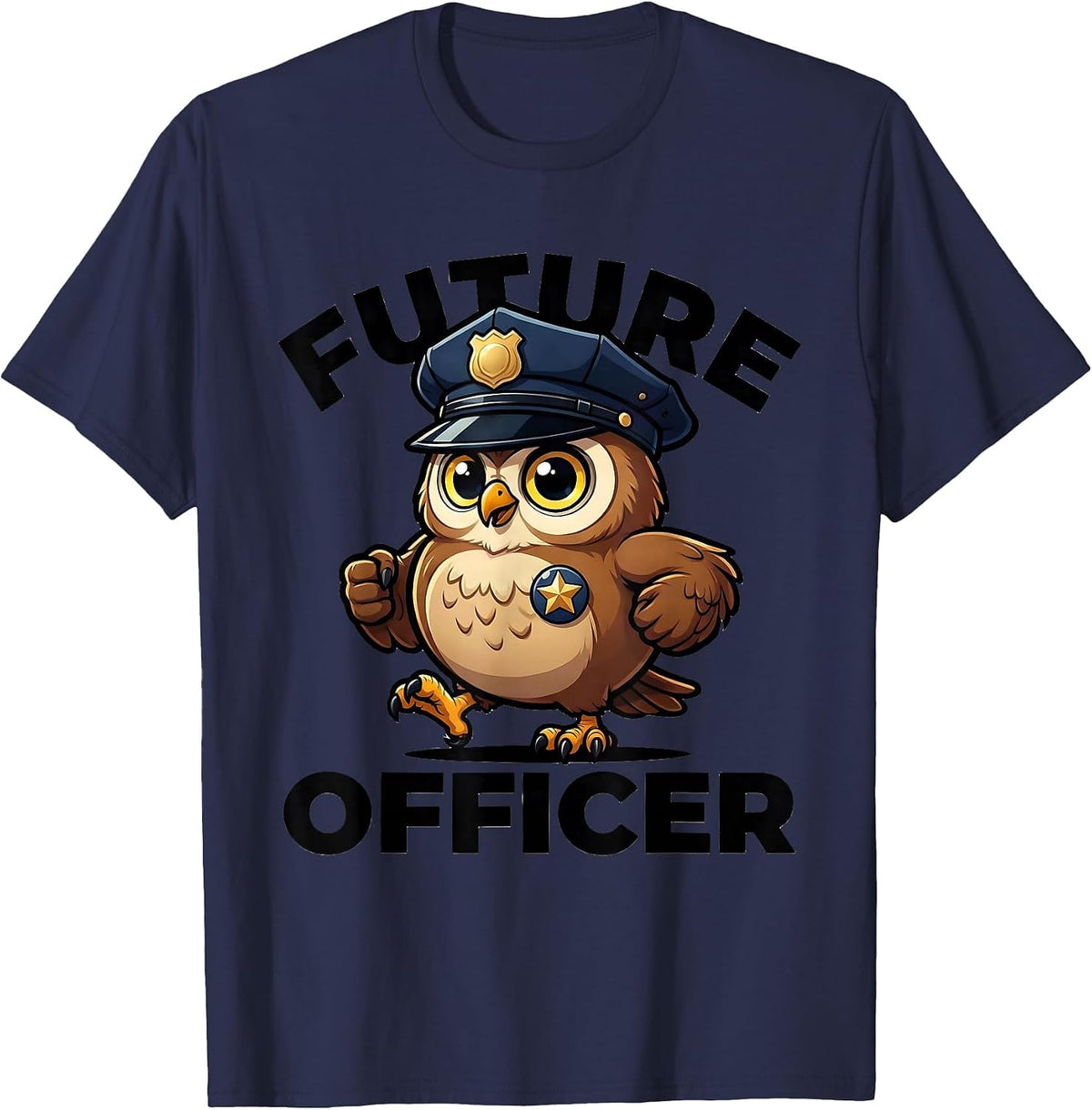 Men's Future Officer Cartoon Owl Police Officer Costume Halloween T-Shirt - Navy Blue
